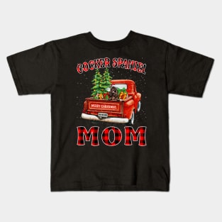 Christmas Cocker Spaniel Mom Santa Hat Truck Tree Plaid Dog Mom Christmas Kids T-Shirt